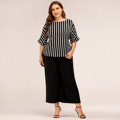 Fashion Striped Plus Sizes Tops and Pants Women Suits