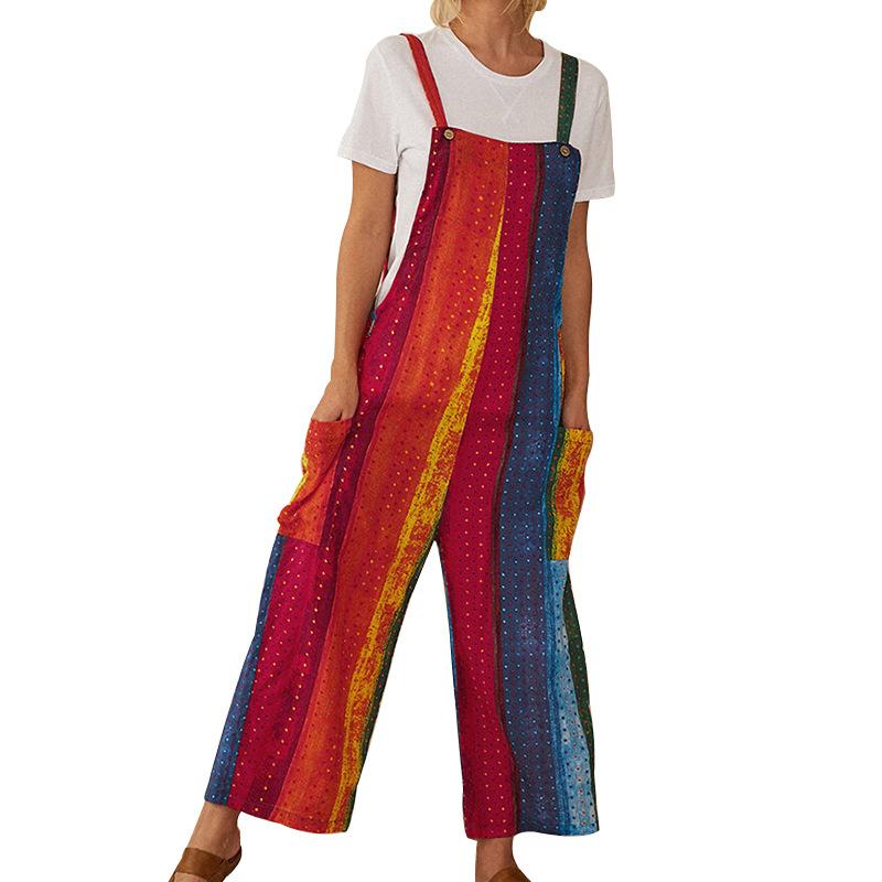 Women Linen Print Straps Jumpsuits-STYLEGOING