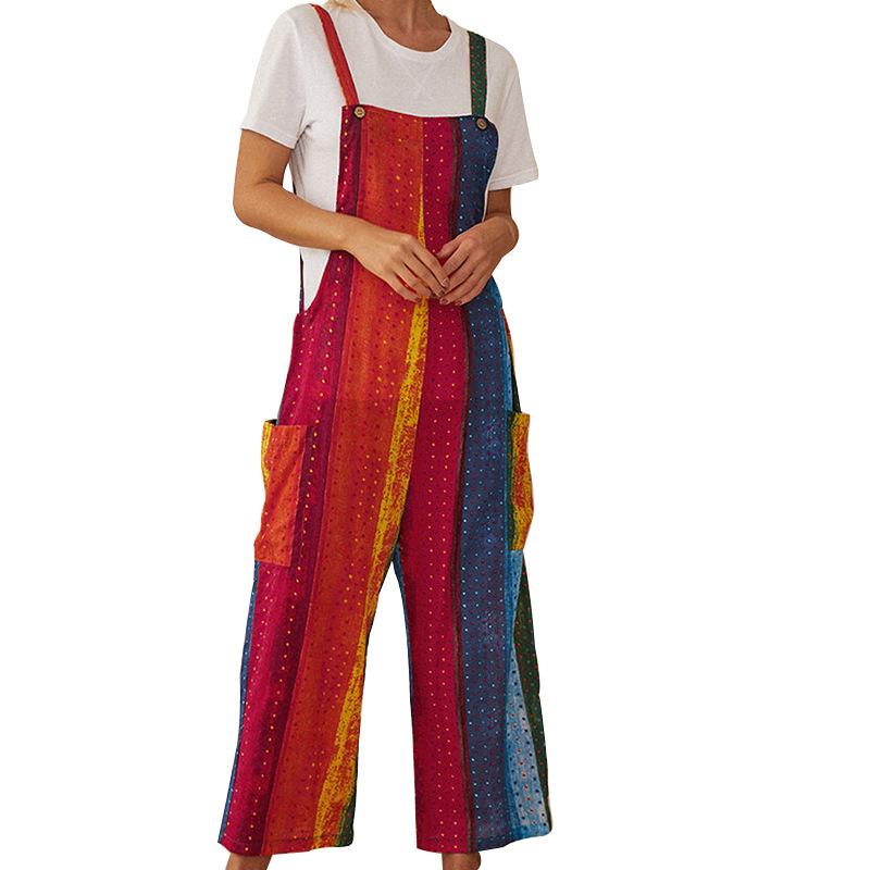 Women Linen Print Straps Jumpsuits-STYLEGOING