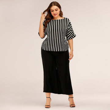 Fashion Striped Plus Sizes Tops and Pants Women Suits