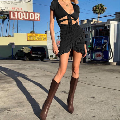 Sexy Deep V Neck Ruffled Bodycon Dresses