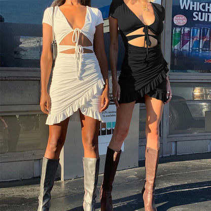 Sexy Deep V Neck Ruffled Bodycon Dresses