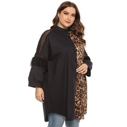 Women Plus Sizes Lace Leopard Fall Blouses-STYLEGOING