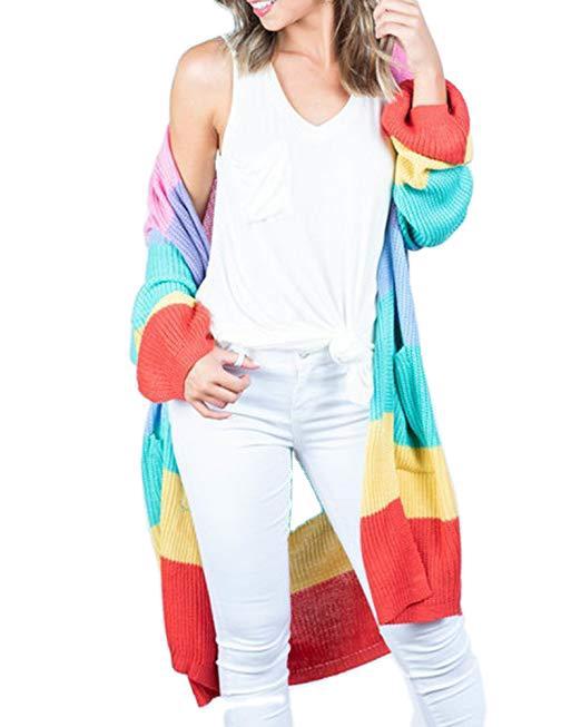 Women Rainbow Color Knitting Cardigan Sweaters