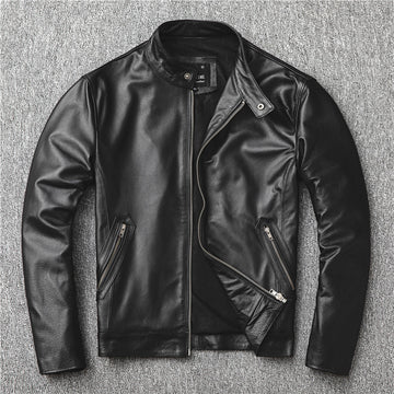 Fashion Cowhide Leather Stand Collar Short Jackets for Men