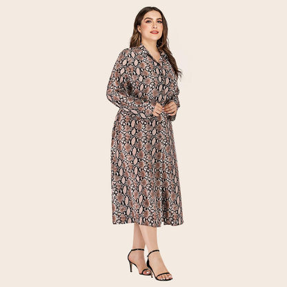 Women Fashion Casual Snake Print Split Fall Long Sleeve Dresses-STYLEGOING
