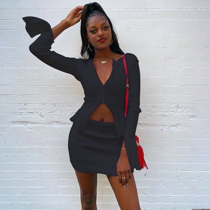 Sexy Knitting Slim Long Sleeves Zipper Tops and Skirts Sets