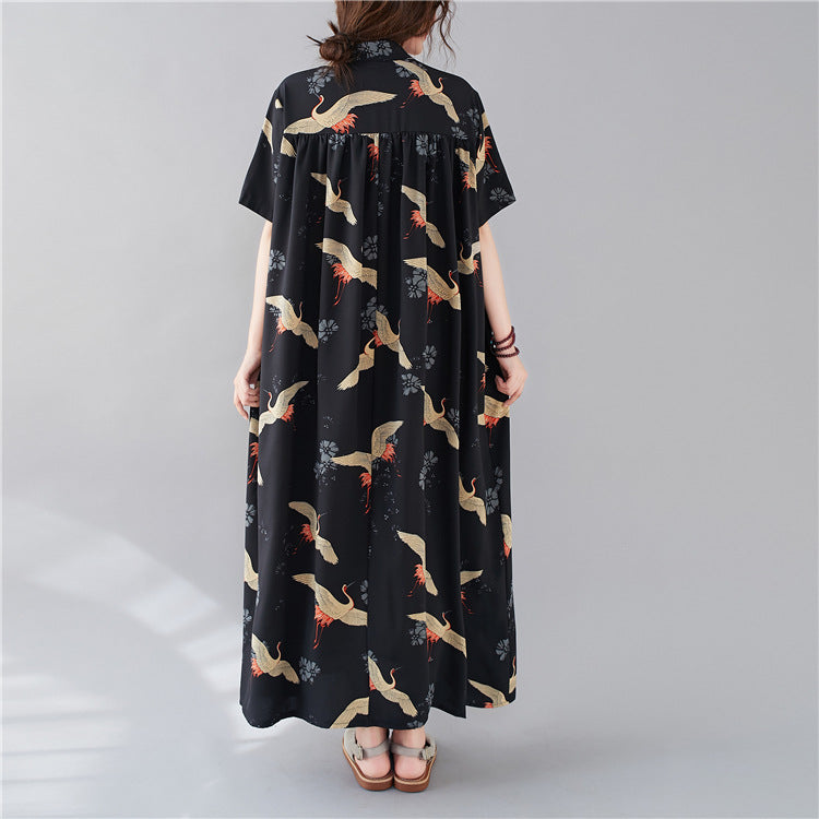 Summer Stand Collar Crane Print Plus Sizes Women Long Shirt Dresses