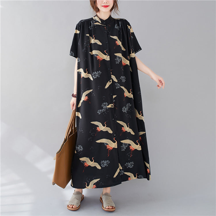 Summer Stand Collar Crane Print Plus Sizes Women Long Shirt Dresses