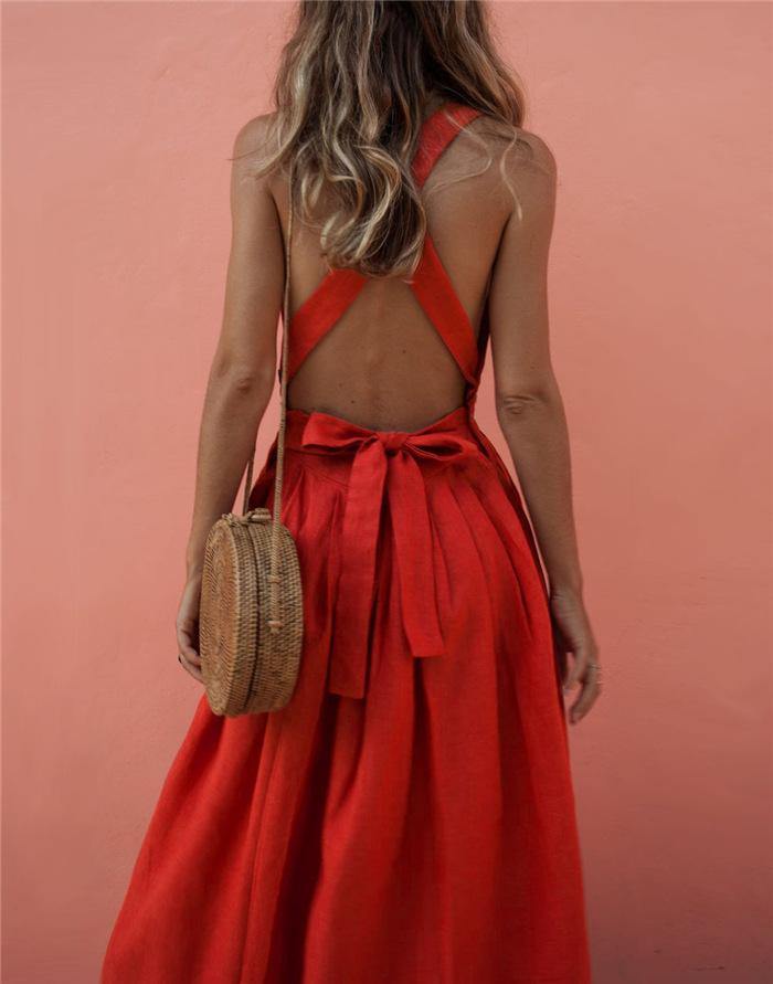 Red Women Strps Midi Length Dresses-STYLEGOING