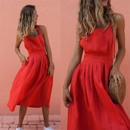 Red Women Strps Midi Length Dresses-STYLEGOING