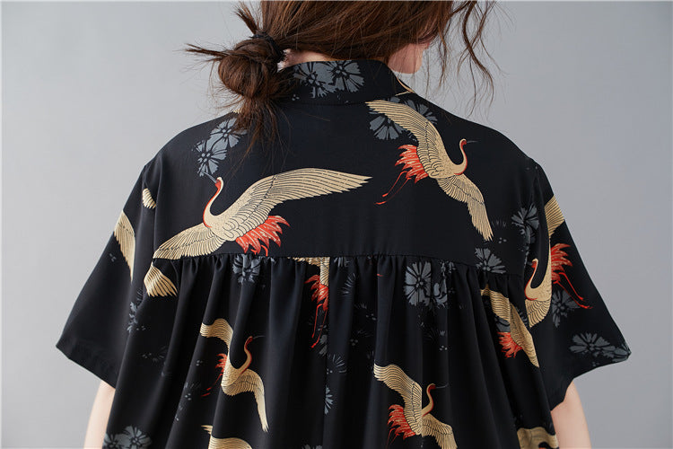 Summer Stand Collar Crane Print Plus Sizes Women Long Shirt Dresses