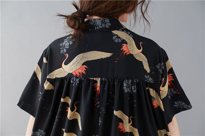 Summer Stand Collar Crane Print Plus Sizes Women Long Shirt Dresses