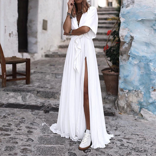 Summer Deep V Neck Chiffon Beach Long Dresses