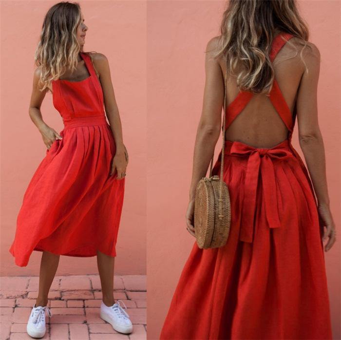 Red Women Strps Midi Length Dresses-STYLEGOING