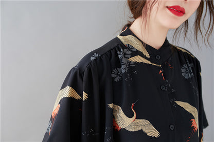 Summer Stand Collar Crane Print Plus Sizes Women Long Shirt Dresses