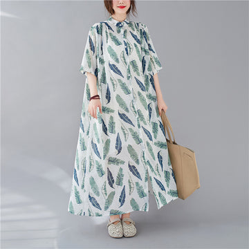 Summer Leaf Print Plus Sizes Women Long Shirt Dresses