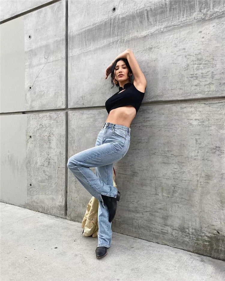 Casual High Waist Split Women Fall Jean Pants