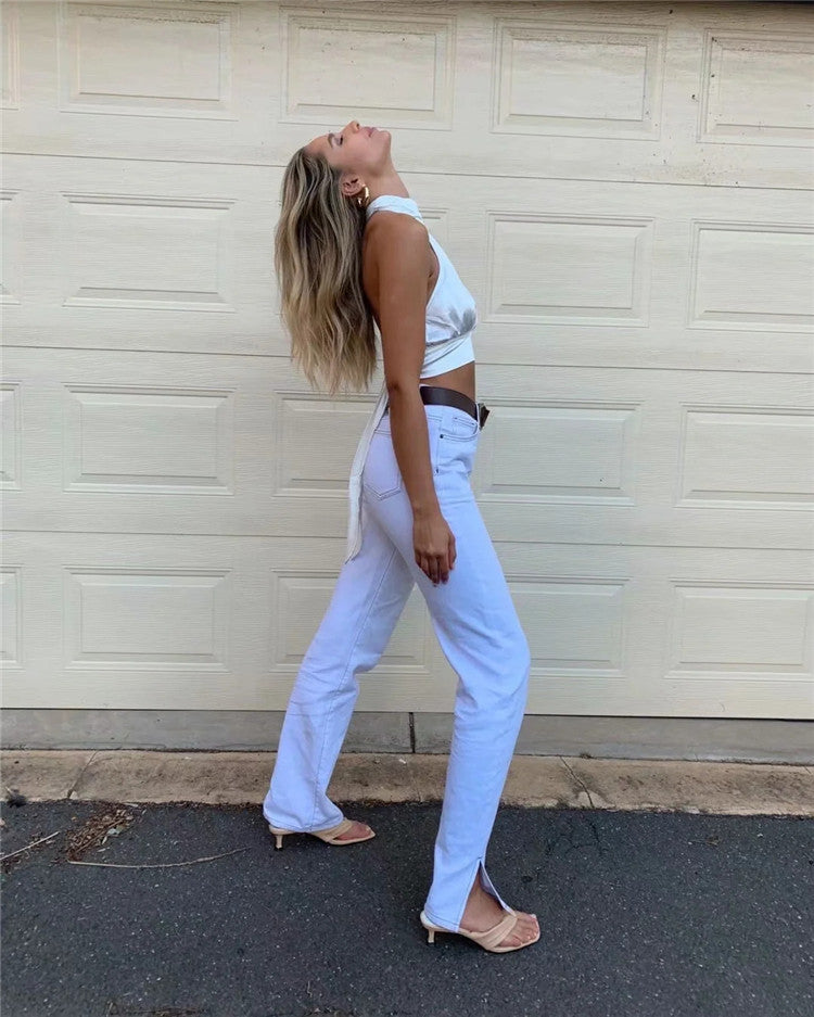 Casual High Waist Split Women Fall Jean Pants