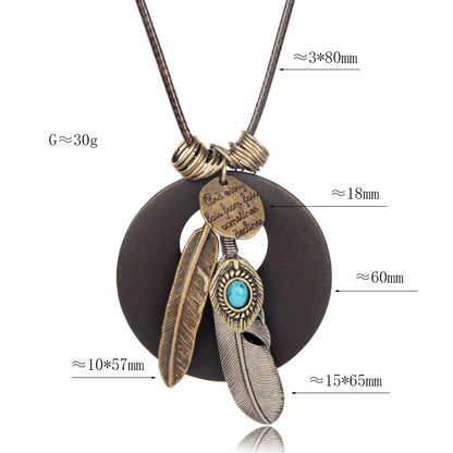 Ethnic Vintage Feather Round Wood Long Sweater Chains