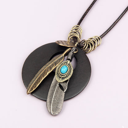 Ethnic Vintage Feather Round Wood Long Sweater Chains