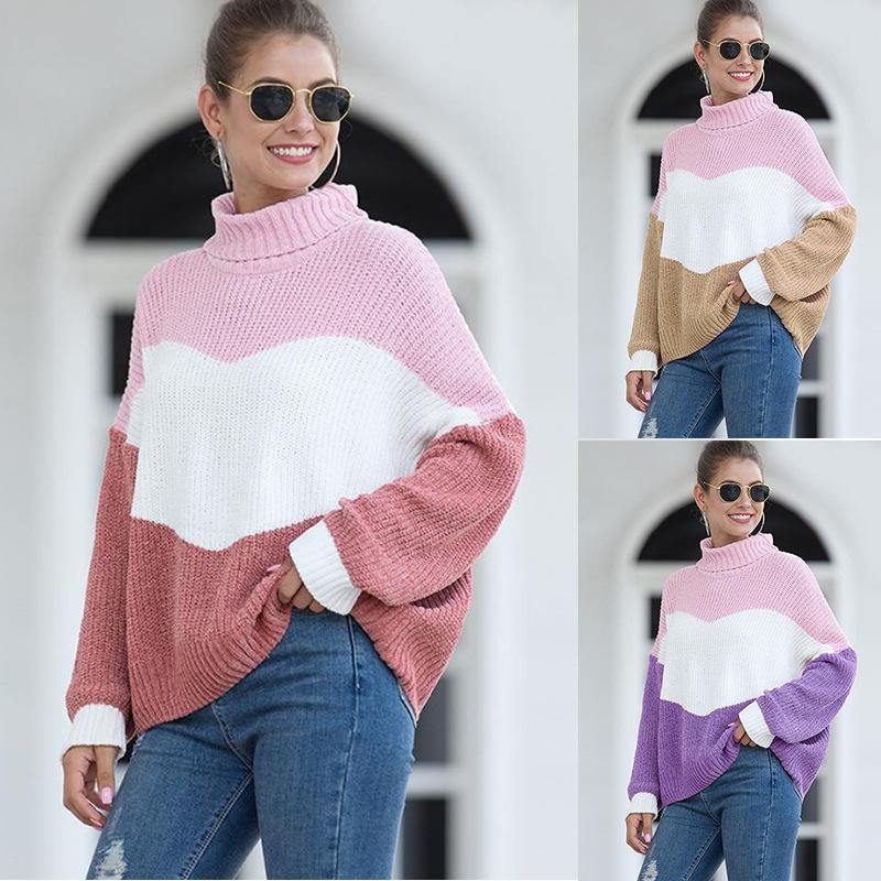 Women Constract High Neck Knitting Sweater-STYLEGOING