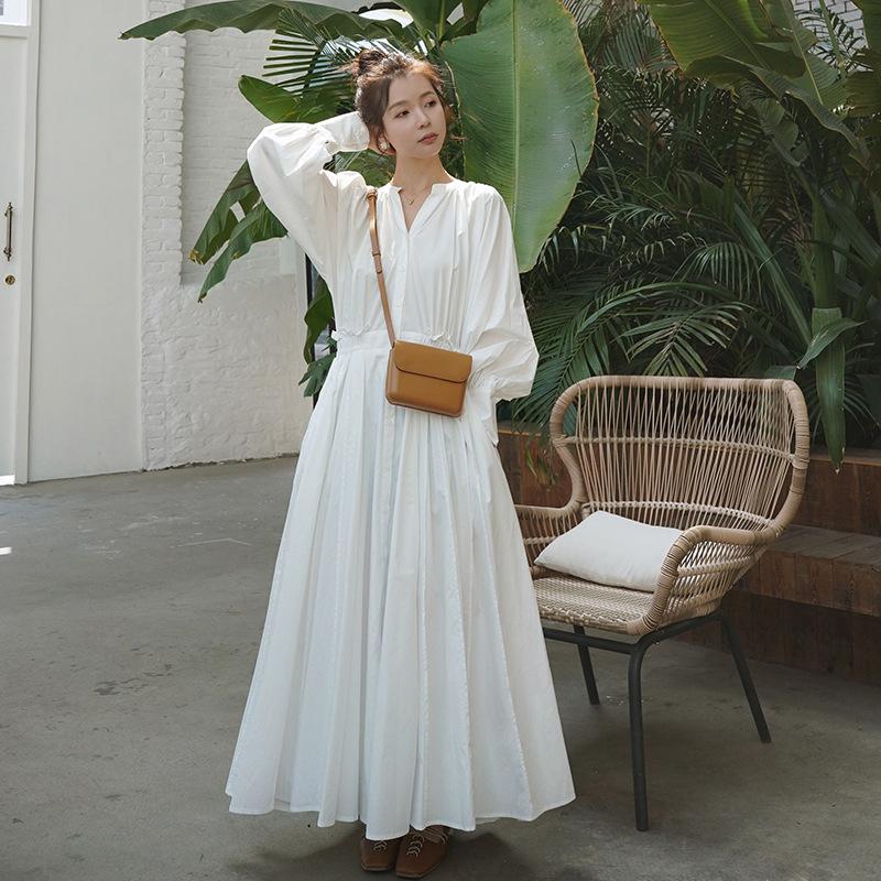 White Long Sleeves Fall Long Maxi Dresses-STYLEGOING