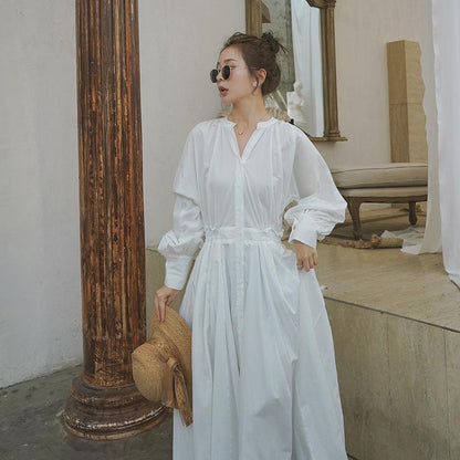 White Long Sleeves Fall Long Maxi Dresses-STYLEGOING