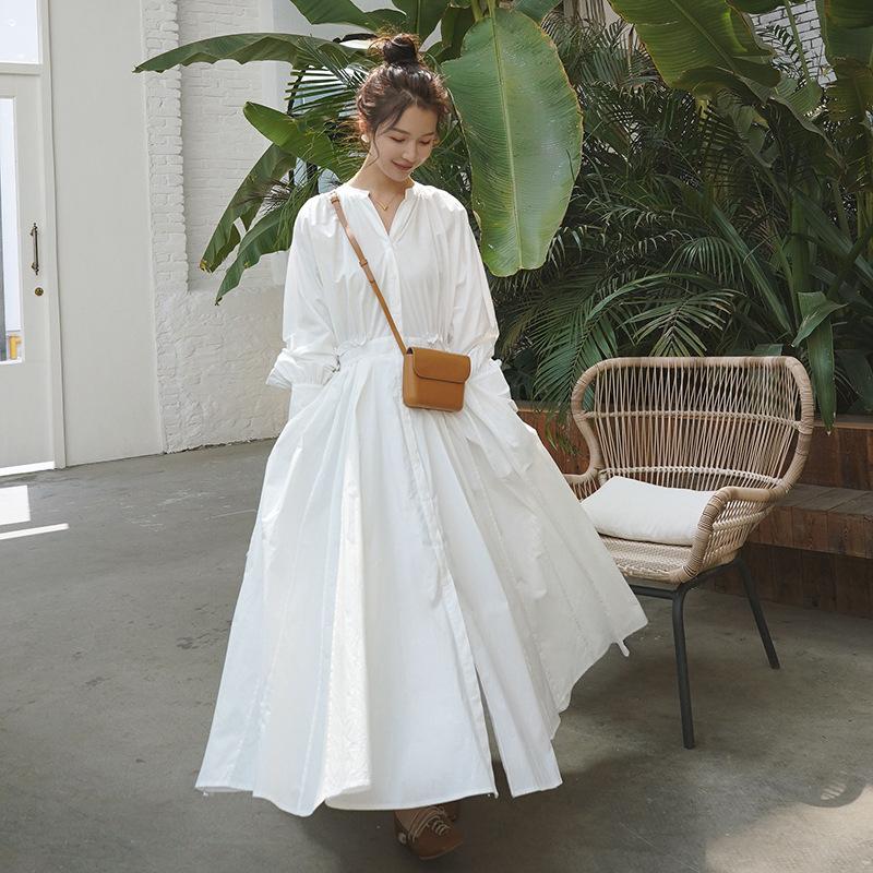 White Long Sleeves Fall Long Maxi Dresses-STYLEGOING