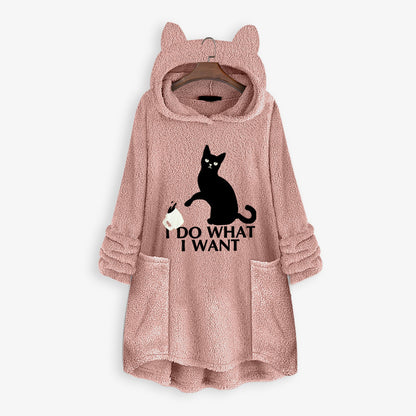 Casual Embroidery Cat Designed Loose Hoodies for Women