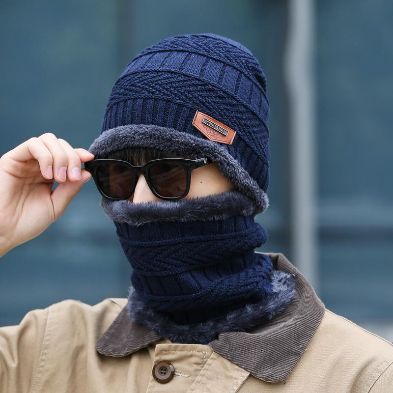Men's Fleece Liner Winter Knitting Hats&Scarf-Navy Blue-One Size-Elastic-Free Shipping at meselling99