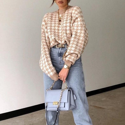 Vintage Women Plaid Knitting Hoody Sweaters