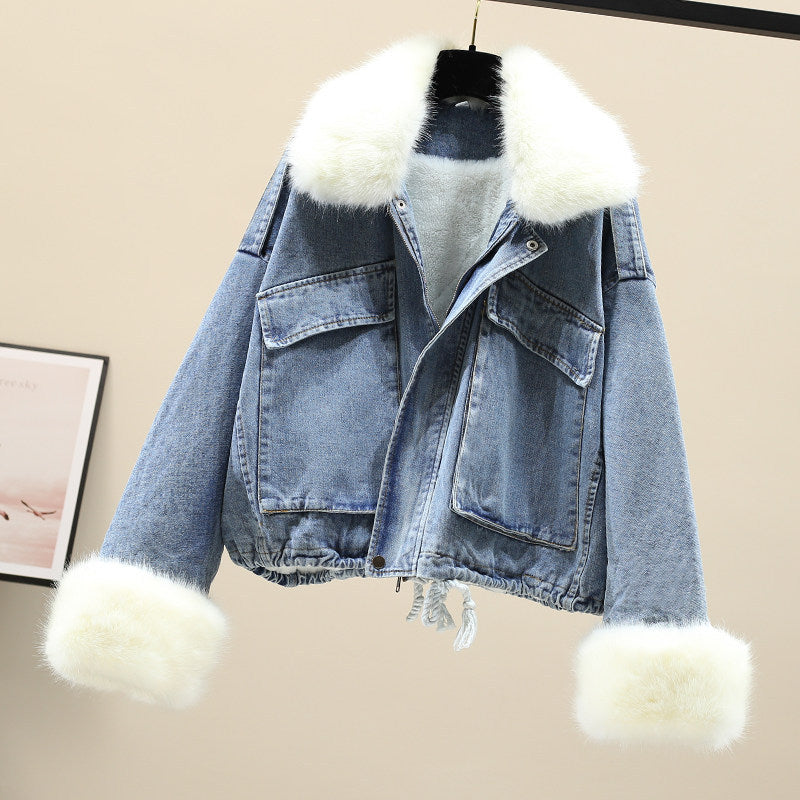 Casual Women Fur Neckline Denim Jacket Overcoat