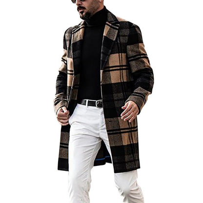 Casual Plaid Winter Men's Long Overcoat-STYLEGOING