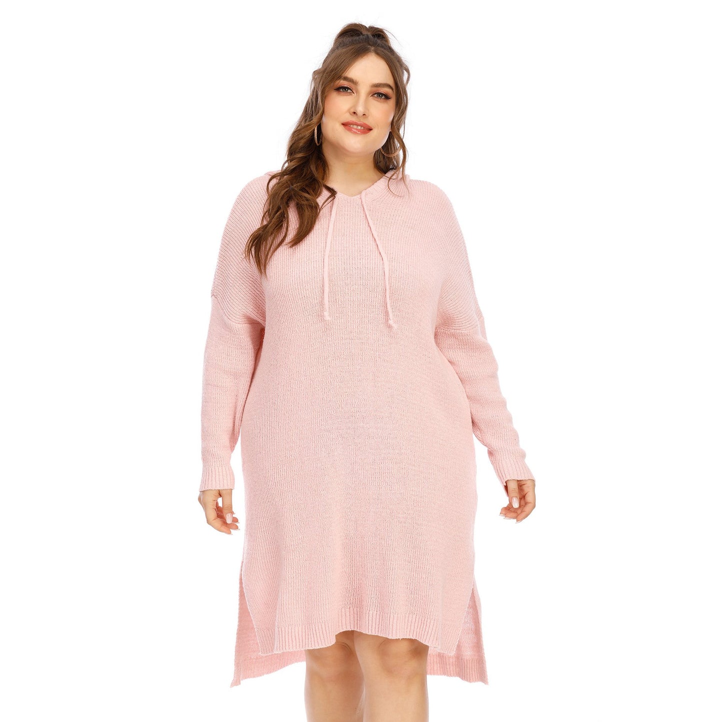 Pink Long Sleeves Plus Sizes Sweater Dress-STYLEGOING
