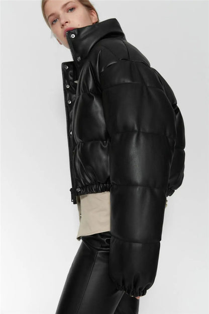 Casual Pu Leather High Neck Women Cotton Jacket Overcoat