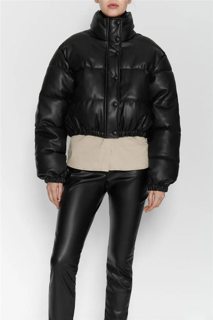 Casual Pu Leather High Neck Women Cotton Jacket Overcoat