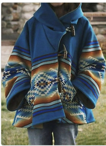 Blue Casual Women Boho Woolen Overcoat with Hat