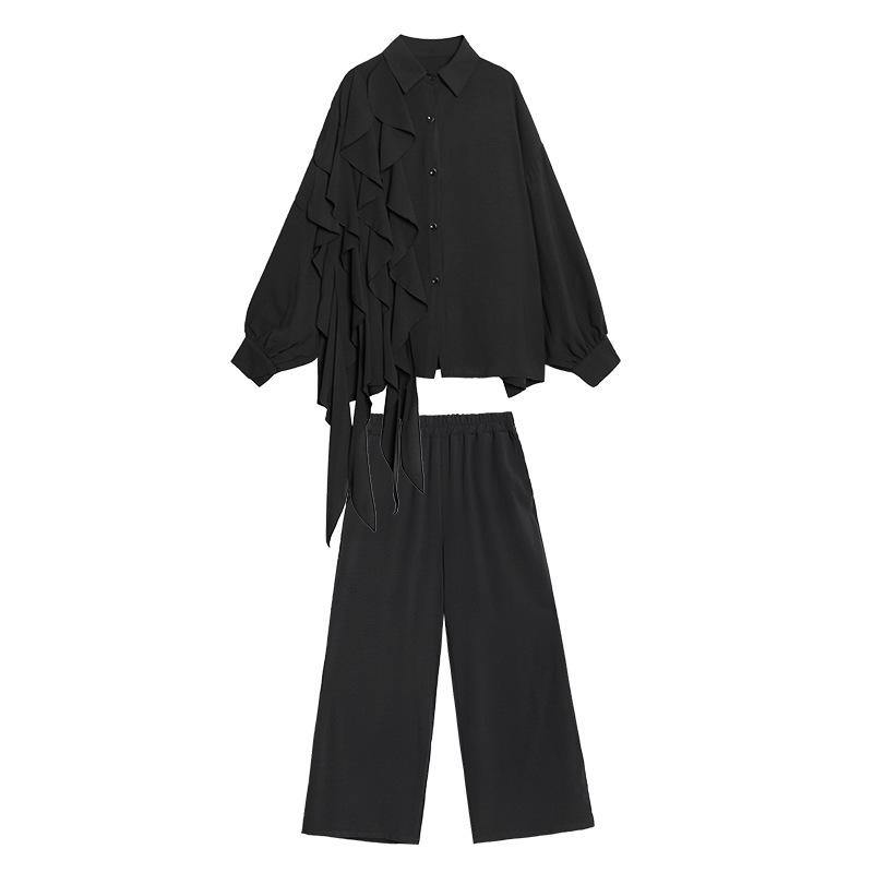 Retro Women Ruffles Top&Loose Pants-STYLEGOING