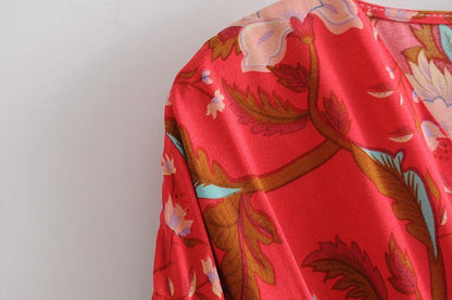 Red V-neck Bohemia Kimono Style Dresses-STYLEGOING