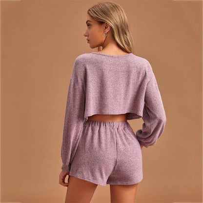 Casual Drawstring Women Long Sleeves Tops and Cropped Shorts