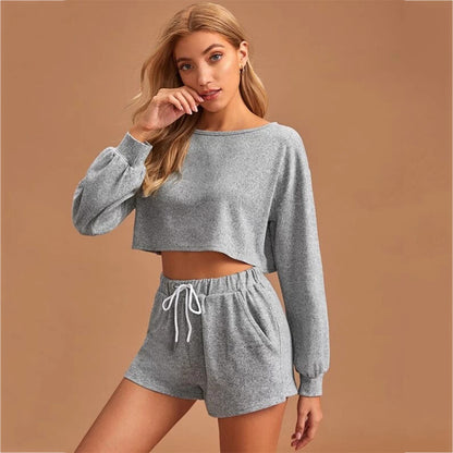 Casual Drawstring Women Long Sleeves Tops and Cropped Shorts