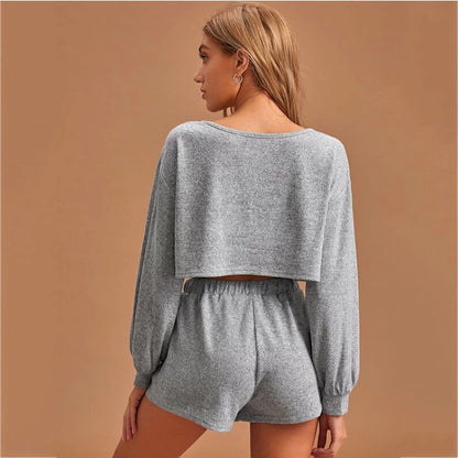 Casual Drawstring Women Long Sleeves Tops and Cropped Shorts
