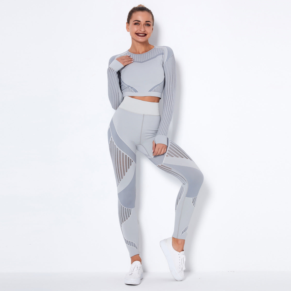 Sexy Hollow Out Long Sleeves Tops and Leggings Sets for Yoga Sporting