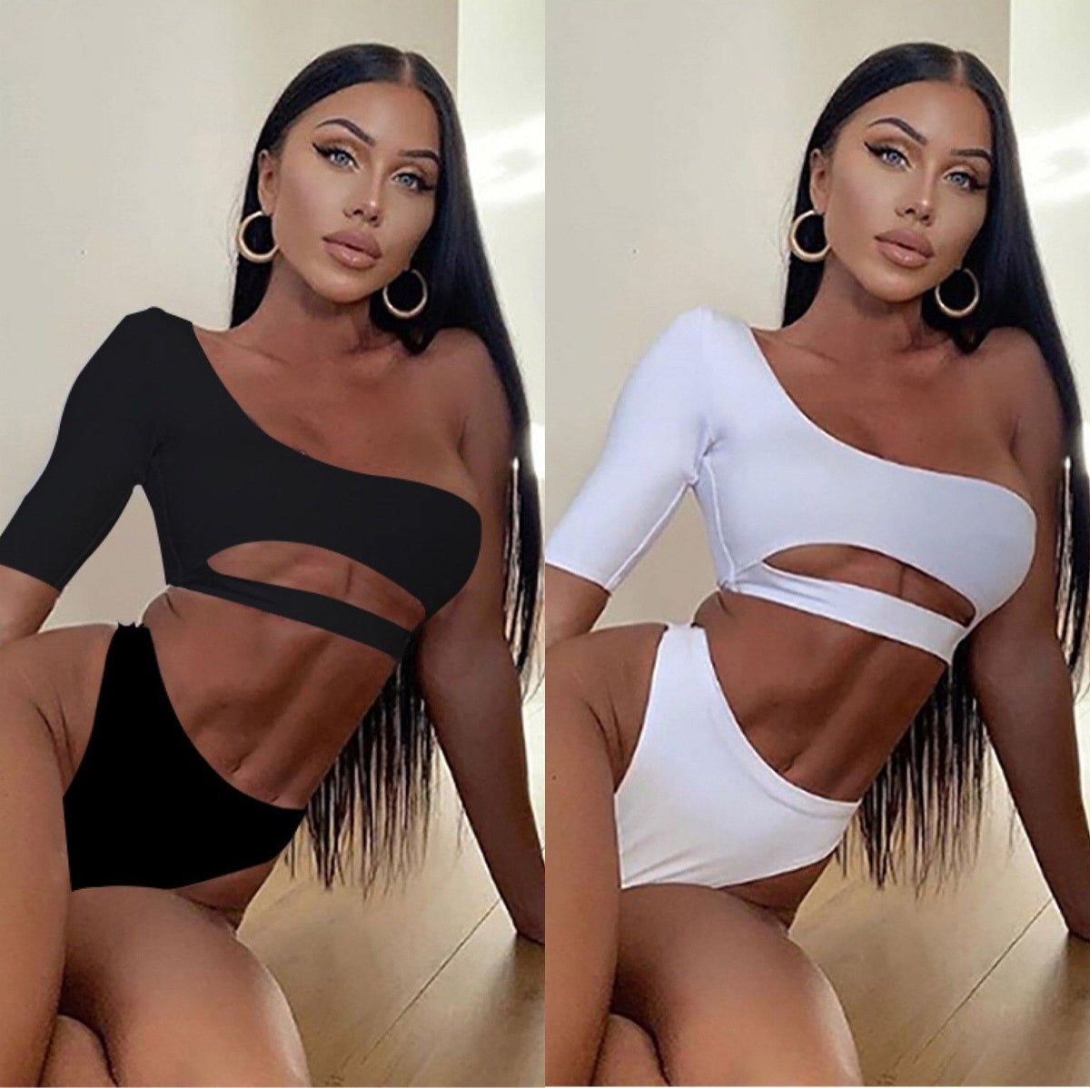 One Shoulder Half Sleeves Summer Beach Tankini-STYLEGOING