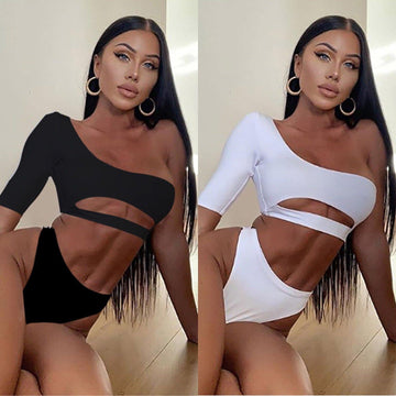 One Shoulder Half Sleeves Summer Beach Tankini-STYLEGOING