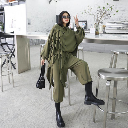 Retro Women Ruffles Top&Loose Pants-STYLEGOING