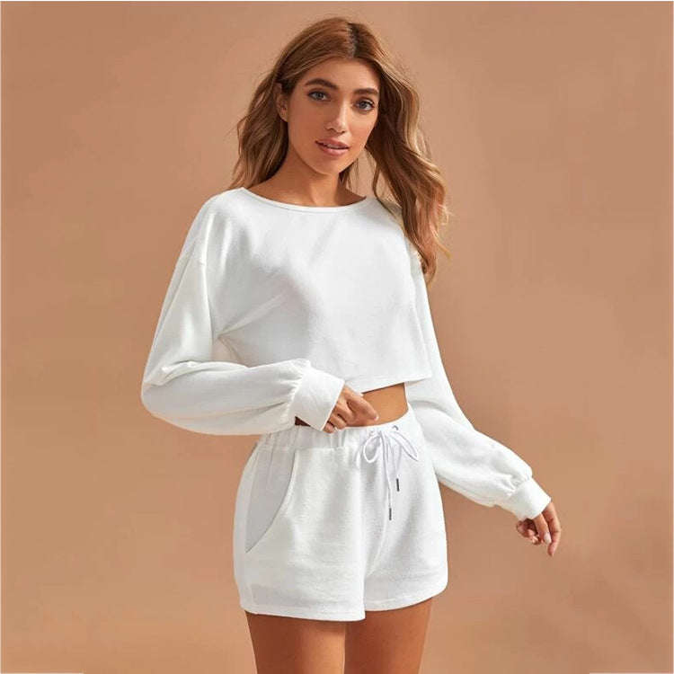 Casual Drawstring Women Long Sleeves Tops and Cropped Shorts