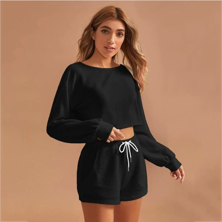 Casual Drawstring Women Long Sleeves Tops and Cropped Shorts