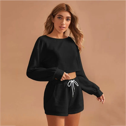 Casual Drawstring Women Long Sleeves Tops and Cropped Shorts